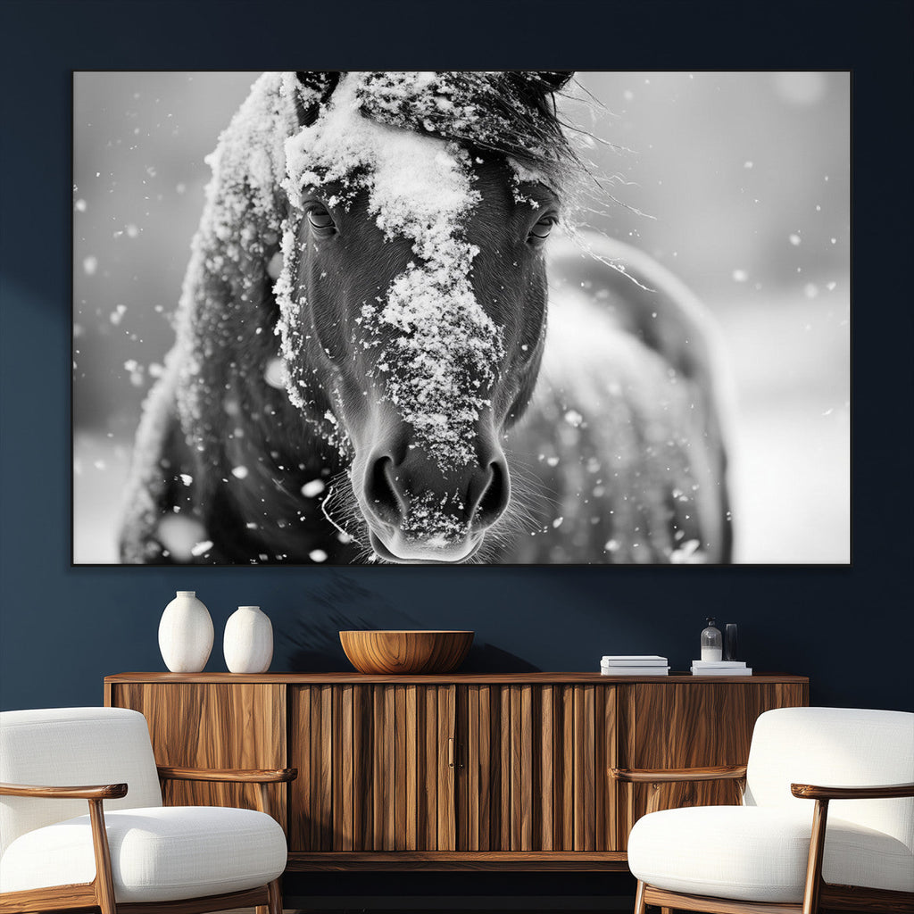 Black and White Horse Winter Wall Art, Ready to Hang
