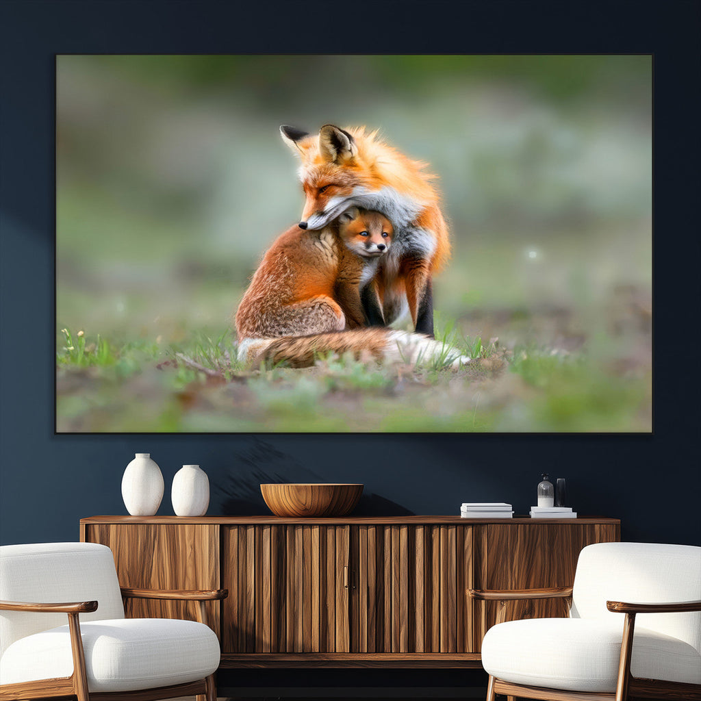 Heartwarming Fox and Baby Cub Wall Art | Canvas Print of Foxes in Nature