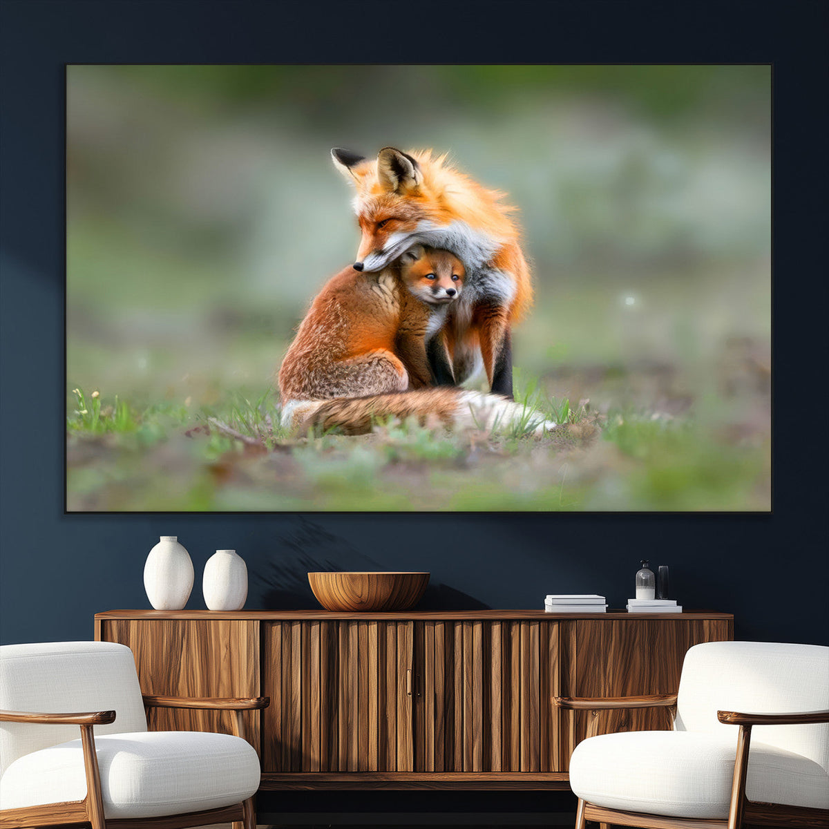 Heartwarming Fox and Baby Cub Wall Art | Canvas Print of Foxes in Nature