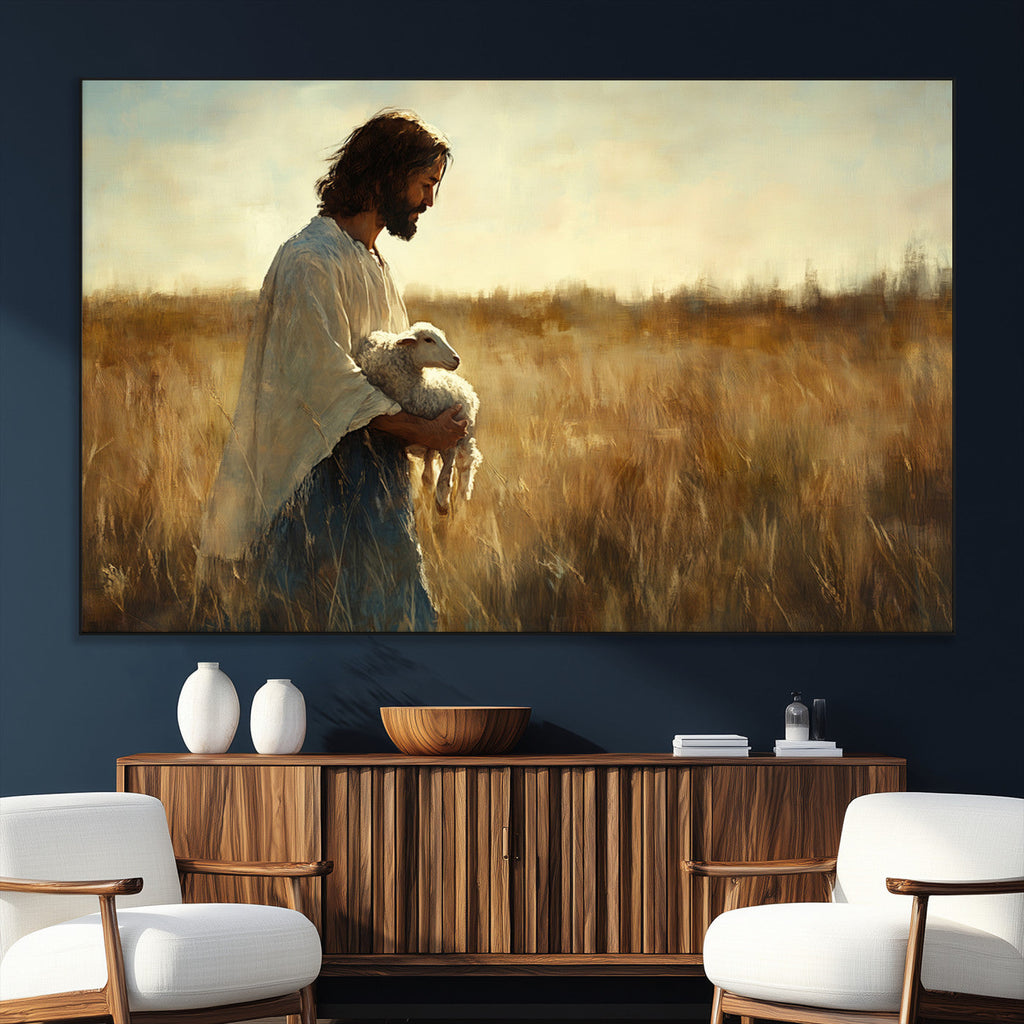 Jesus the Good Shepherd Wall Art Canvas Print, Inspirational Christian Religious Print for Prayer Room