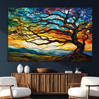 Vibrant Mosaic Tree of Life Wall Art, Stained Glass Style Canvas Print
