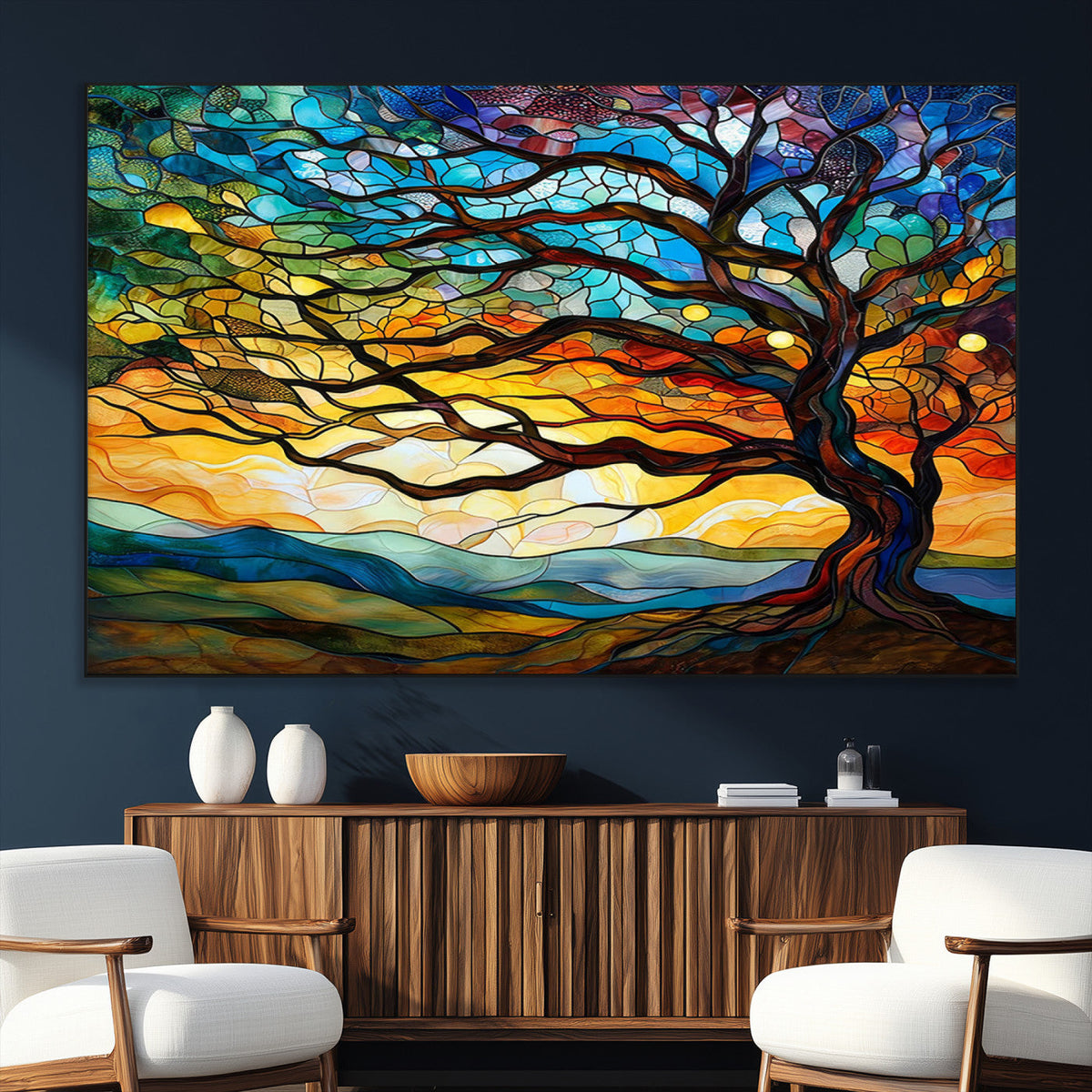 Vibrant Mosaic Tree of Life Wall Art, Stained Glass Style Canvas Print
