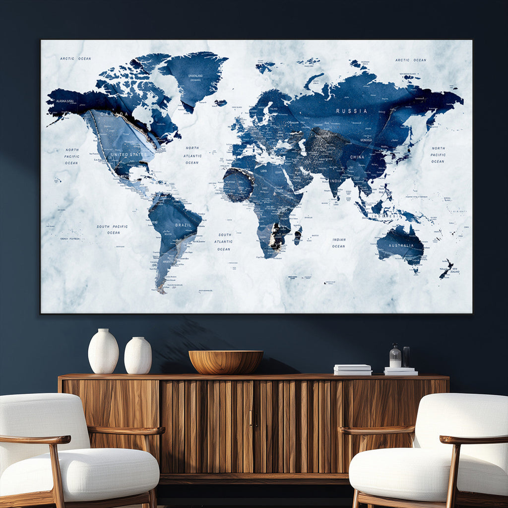 Modern Blue World Map Canvas Print | Elegant Travel Map Wall Art for Home Office