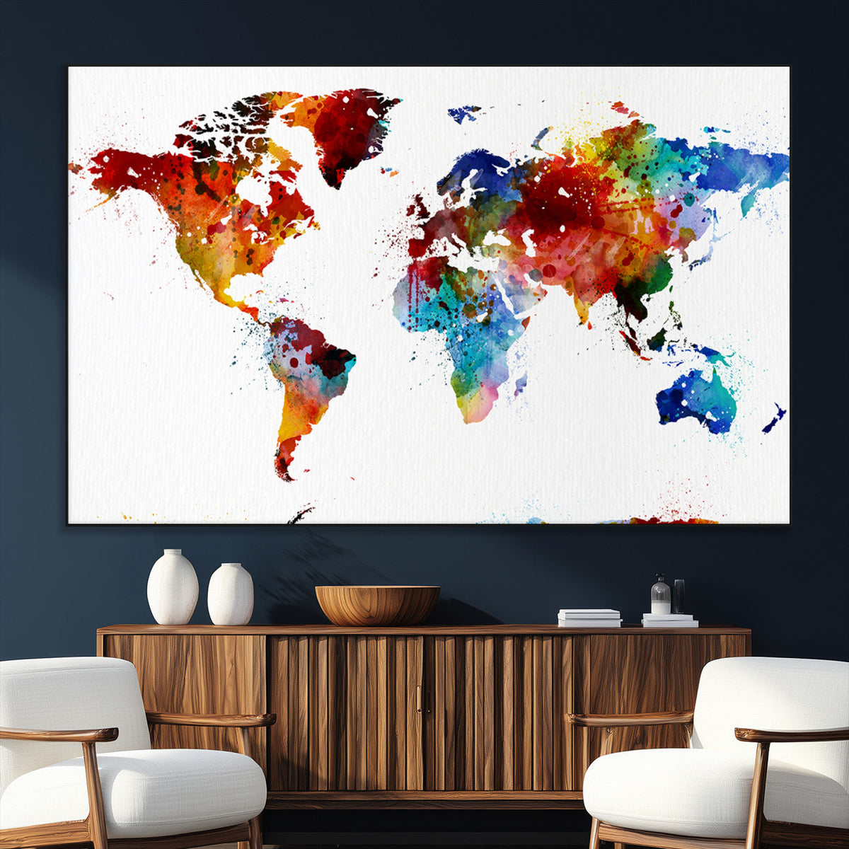 Colorful World Map Canvas Wall Art Print, Contemporary Global Map Artwork