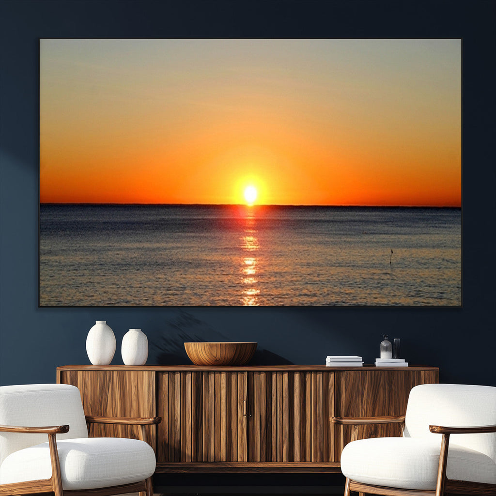 Golden Horizon Sunset Over Ocean Wall Art Canvas Print | Tropical Beach Canvas