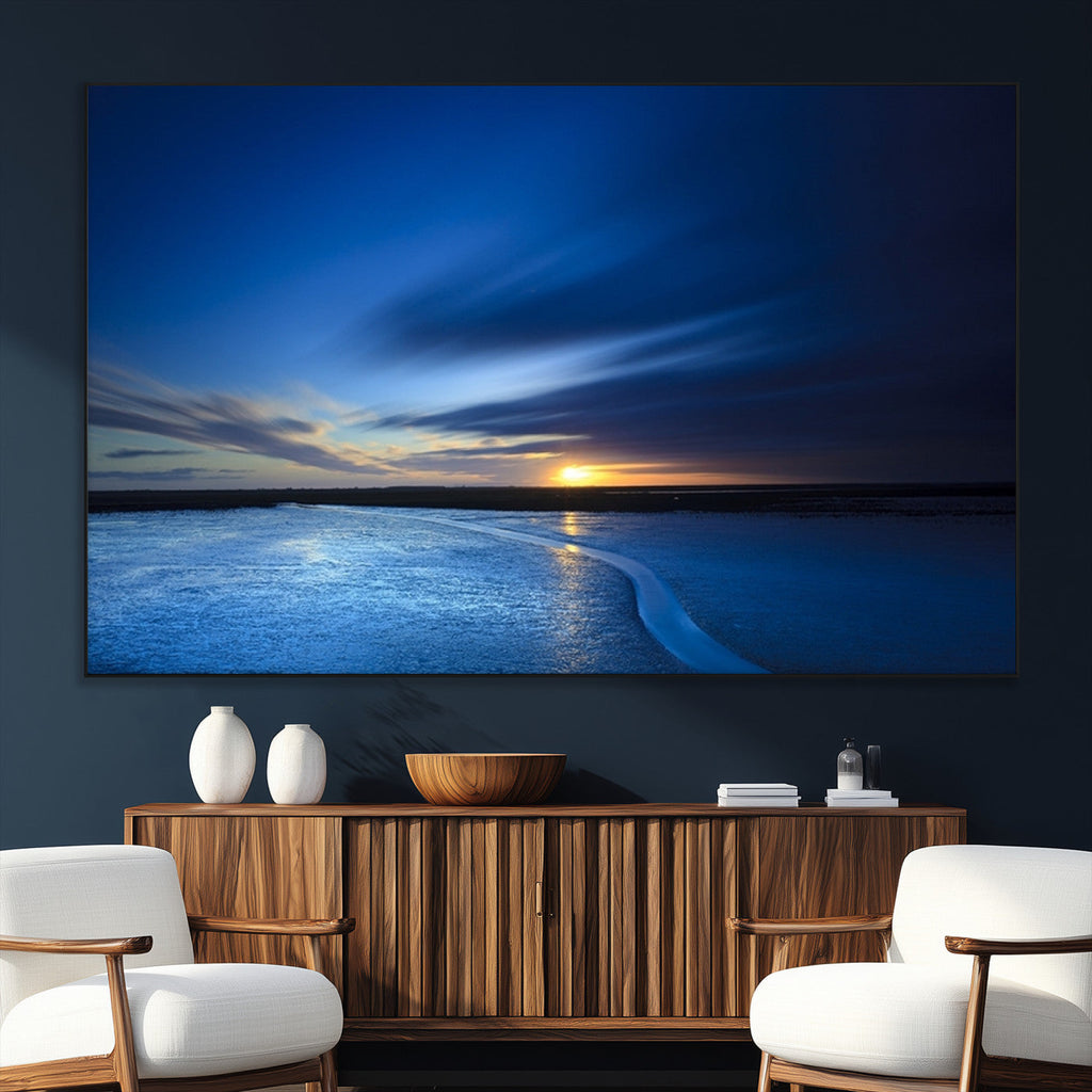 Blue Sunset Ocean Canvas Wall Art Print | Serene Coastal Horizon