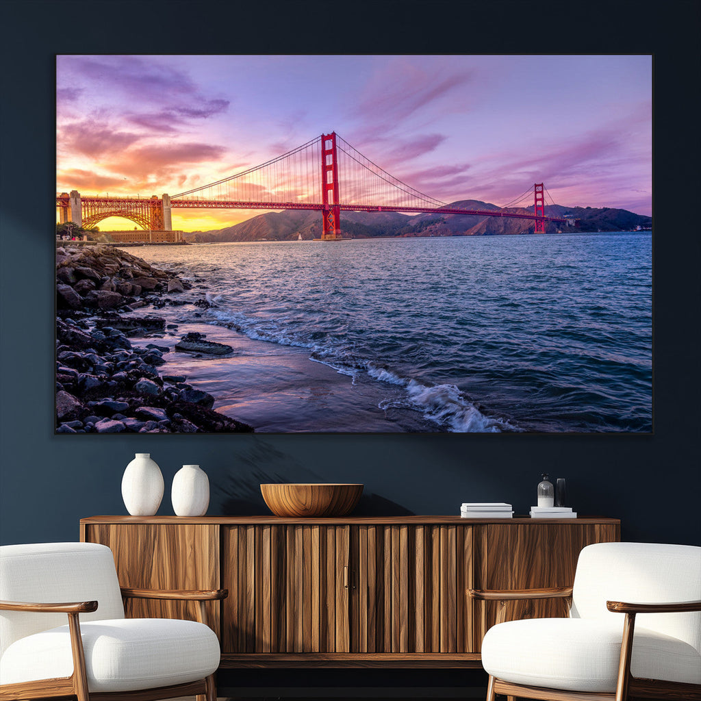 Golden Gate Bridge Wall Art Canvas Print, Framed San Francisco Sunset Landmark