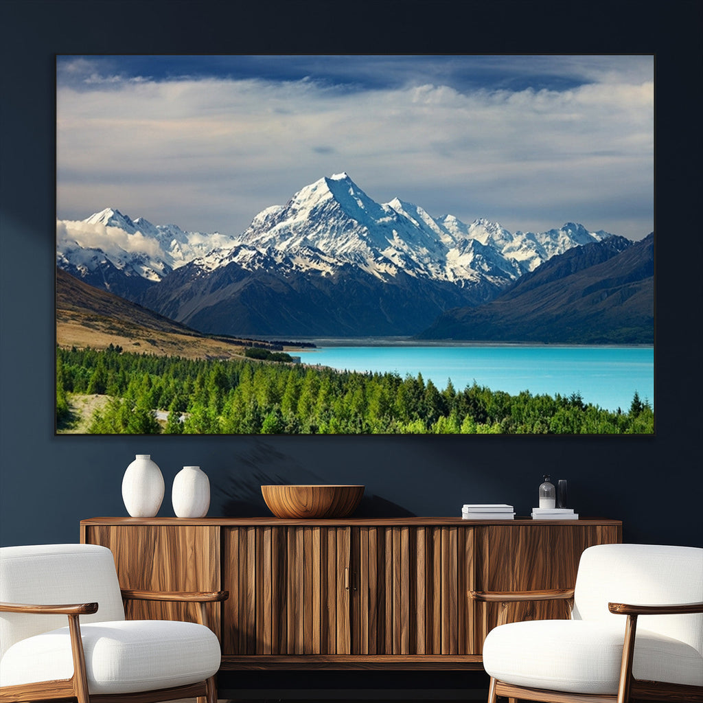 Mount Cook and Lake Pukaki Canvas Wall Art Print | Majestic Snow Capped Peaks