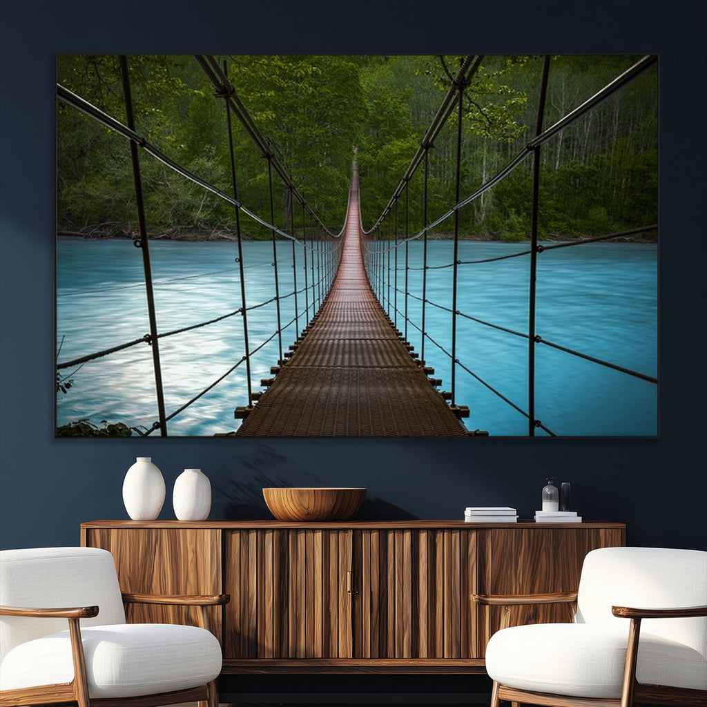 Suspension Bridge Over River Canvas Art | 3-Panel Nature Wall Art
