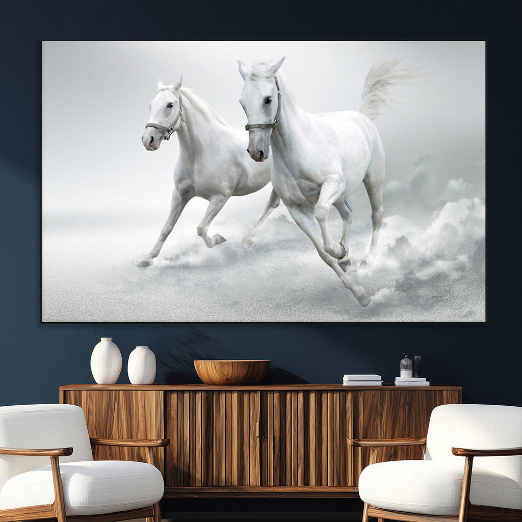 Large Wall Art Canvas Print, Beautiful Running White Horses