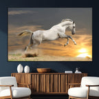 Large Wall Art Canvas Print, White Jumping Horse at Sunset