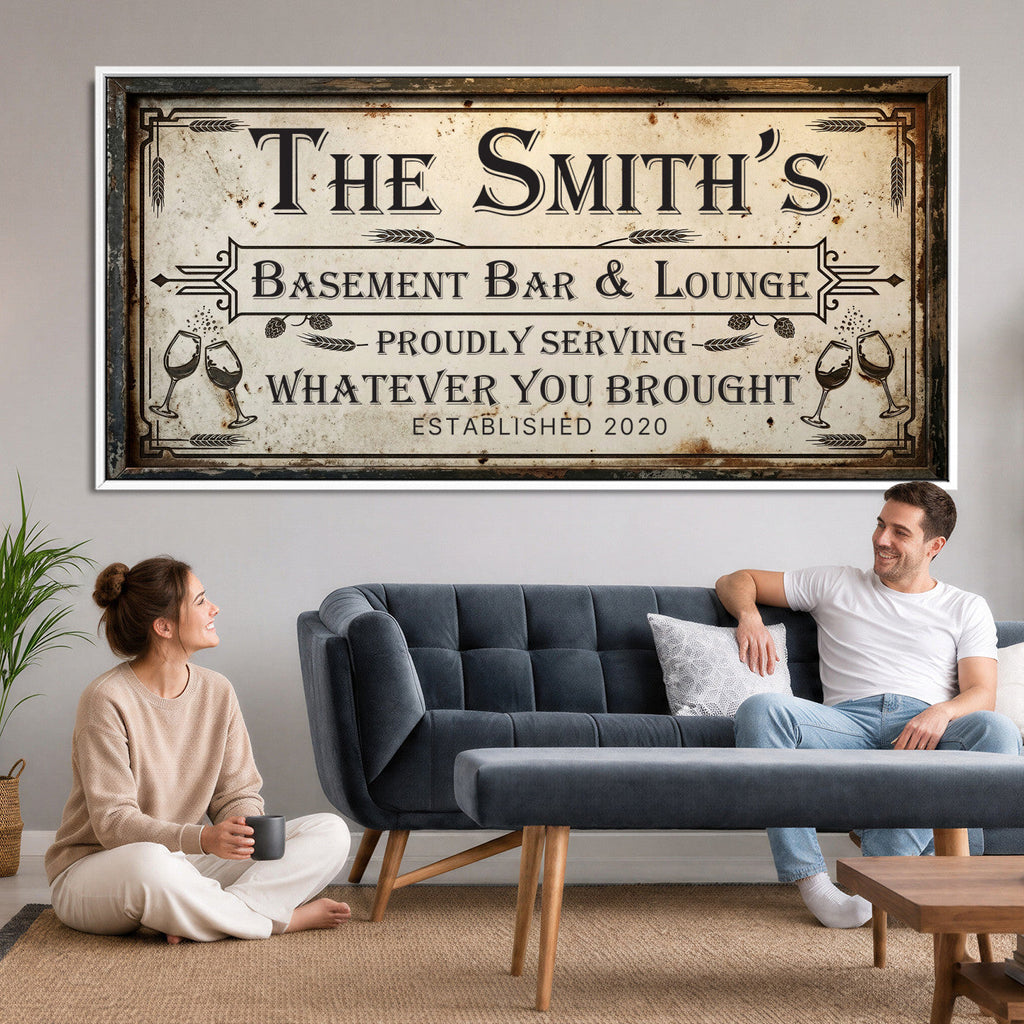 Custom Family Patio Sign Wall Art Canvas Print, Personalized Rustic Bar Sign
