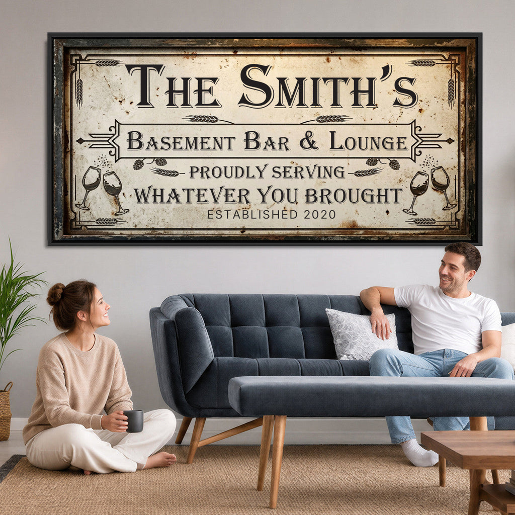 Custom Family Patio Sign Wall Art Canvas Print, Personalized Rustic Bar Sign