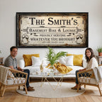 Custom Family Patio Sign Wall Art Canvas Print, Personalized Rustic Bar Sign