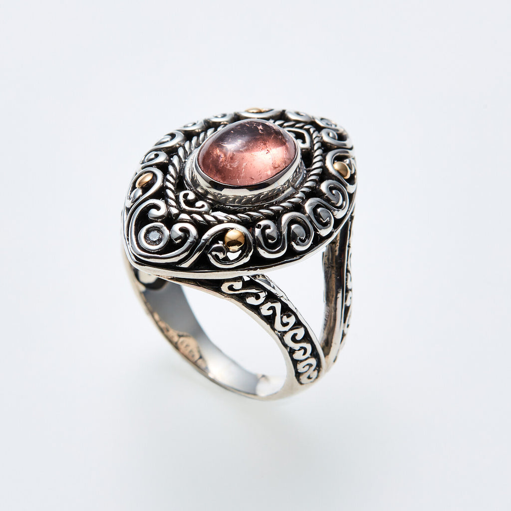 SS + 18K +  Pink Tormaline Ring + Diamond Accents