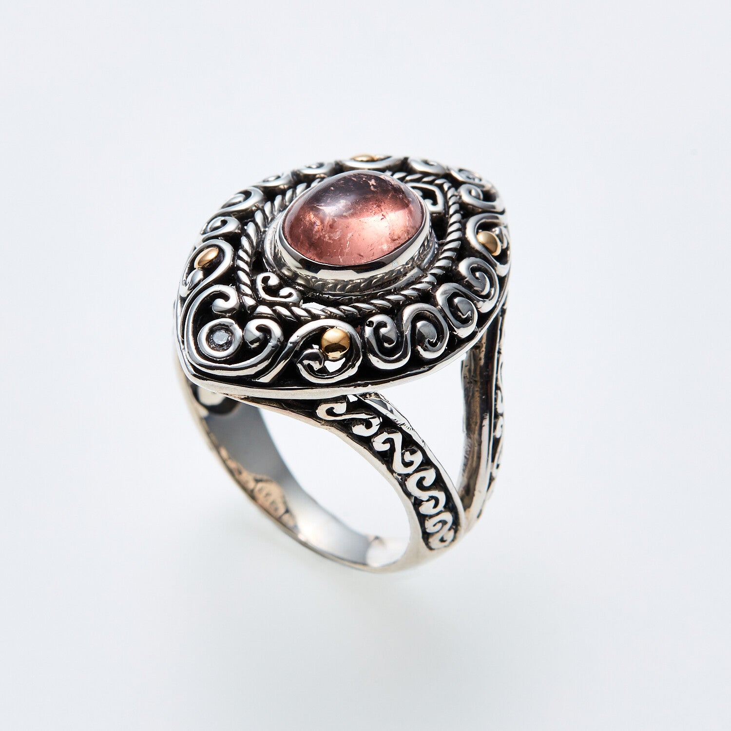 SS + 18K +  Pink Tormaline Ring + Diamond Accents