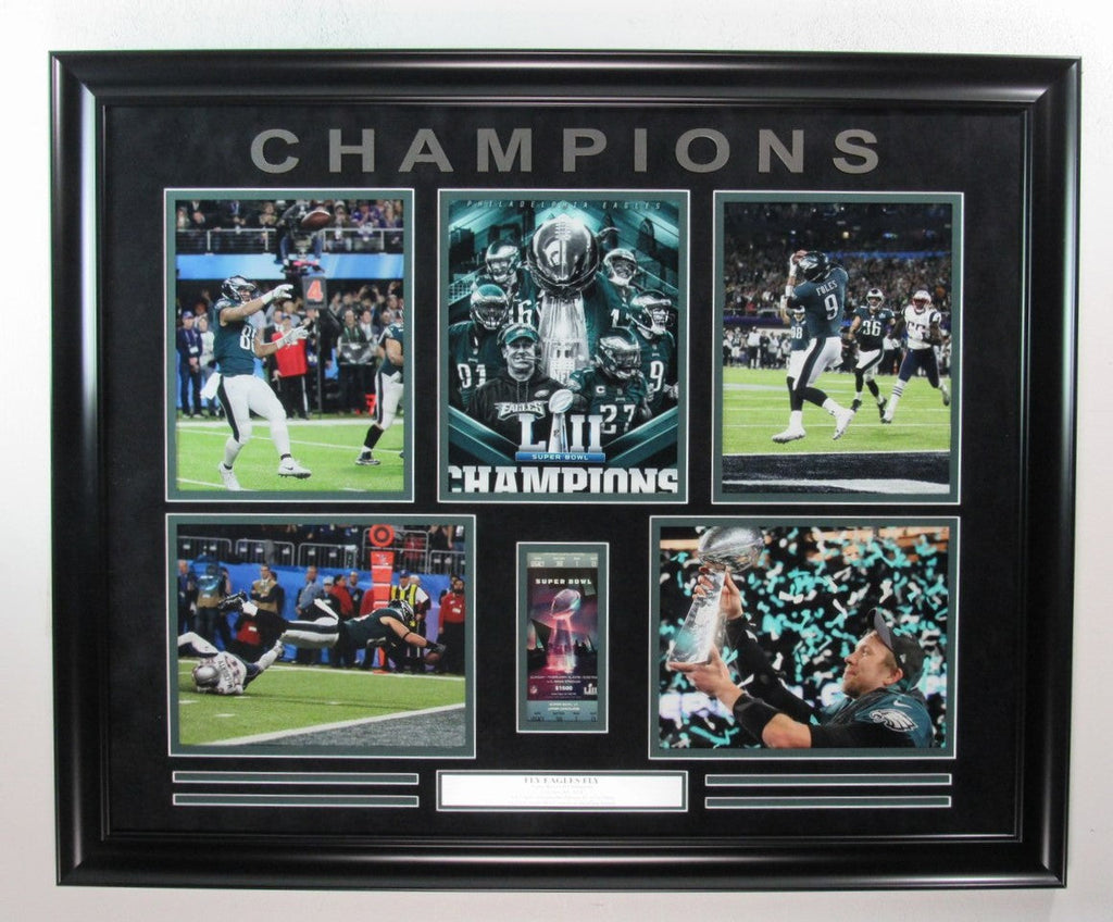 Philadelphia Eagles Fly Eagles Fly Photo Collage and Super Bowl Ticket Framed
