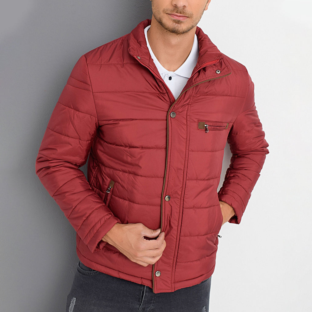 Mock Neck Striped Quilted Jacket // Burgundy