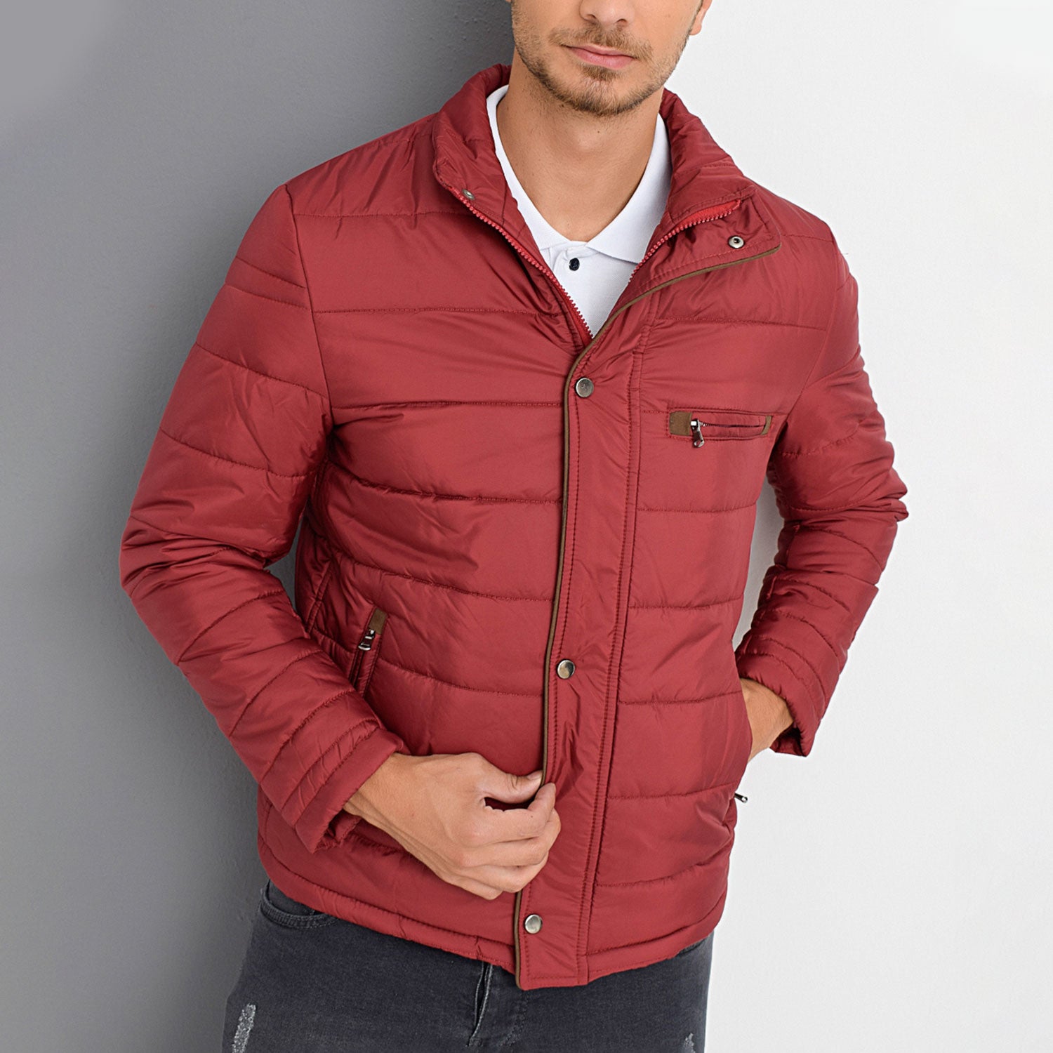 Mock Neck Striped Quilted Jacket // Burgundy
