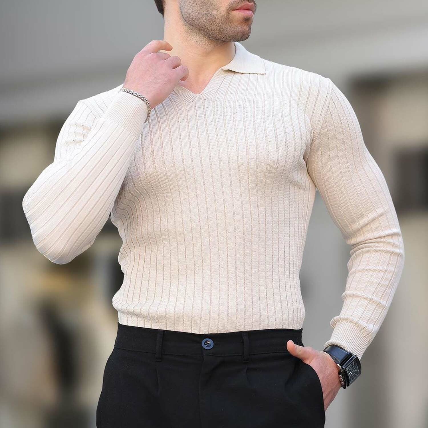 V-Neck Rib Knit Polo Sweater // Beige