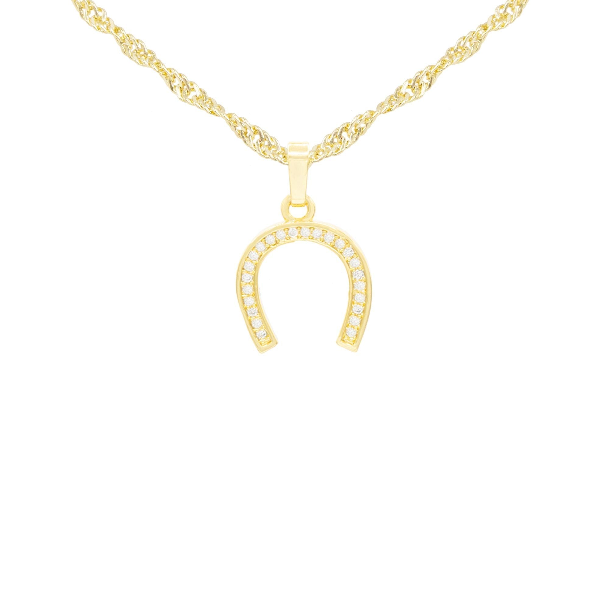 Horse Shoe Cubic Zirconia Pendant With Necklace Set 14K Gold Filled