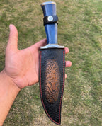 Custom Handmade Damascus Hunting Camping Knife with Stained Bone,Damascus Guard and Pommel Handle