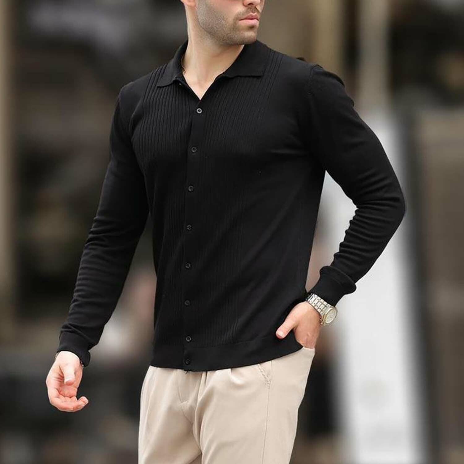 Button-Up Rib Knit Chest Sweater // Black