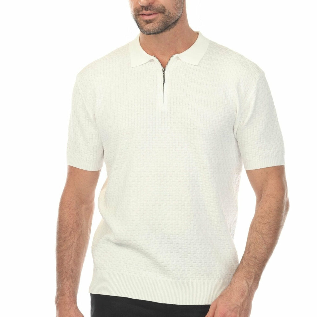 Men's Stylish Premium Knit Textured Polo Shirt with Stripe Accents // White 2