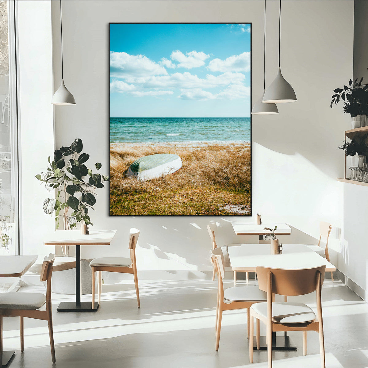 Coastal Serenity Wall Art Canvas Print, Framed Ocean View Art, Rustic Boat Nautical Coastal Decor