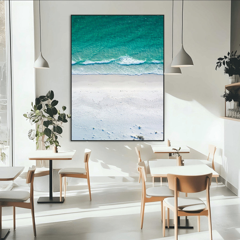 Turquoise Ocean Wall Art Canvas Print, Framed White Sand Shore Art, Gentle Waves Coastal Decor