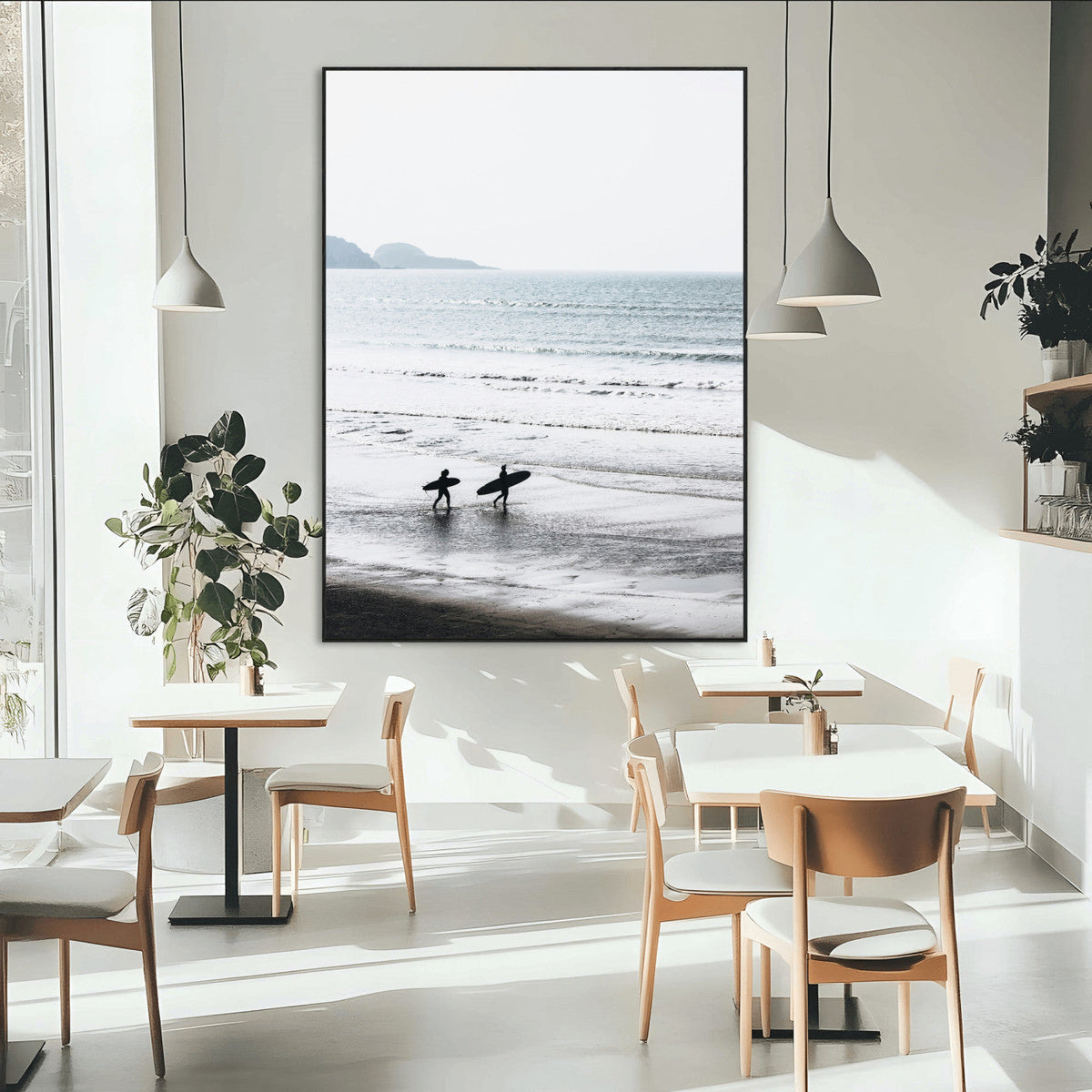 Surfer Silhouettes Wall Art Canvas Print, Framed Minimalist Ocean Art, Soft Horizon Coastal Decor