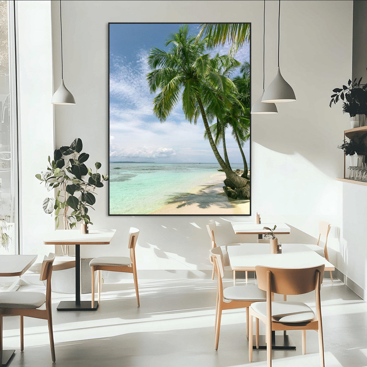 Tropical Beach Palm Trees Canvas Print, Framed Island Coastal Wall Art Ocean Horizon