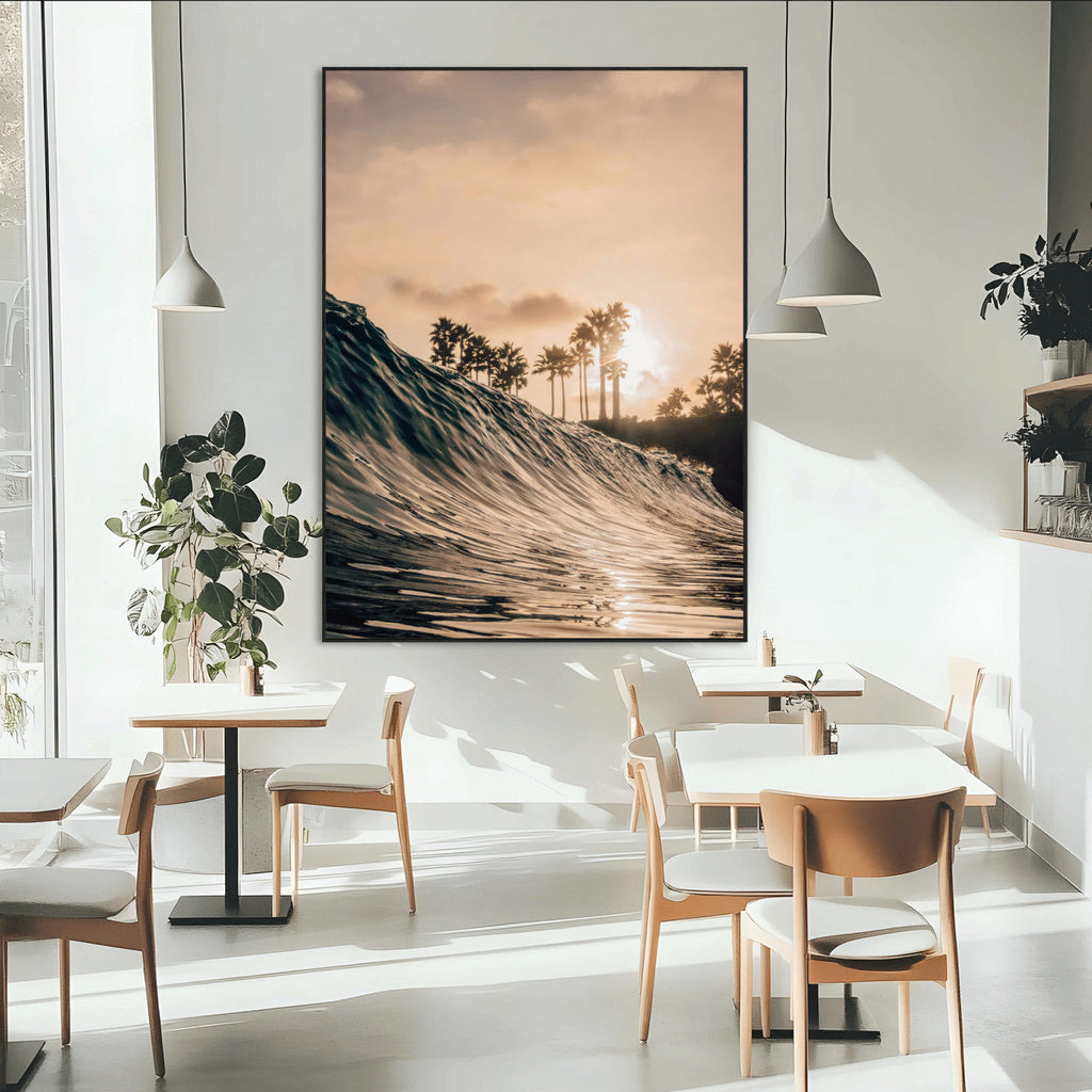 Sunset Wave Ocean Wall Art | Framed Palm Tree Canvas