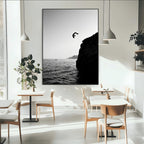 Silhouette Cliff Diver Wall Art | Framed Black White Ocean Canvas
