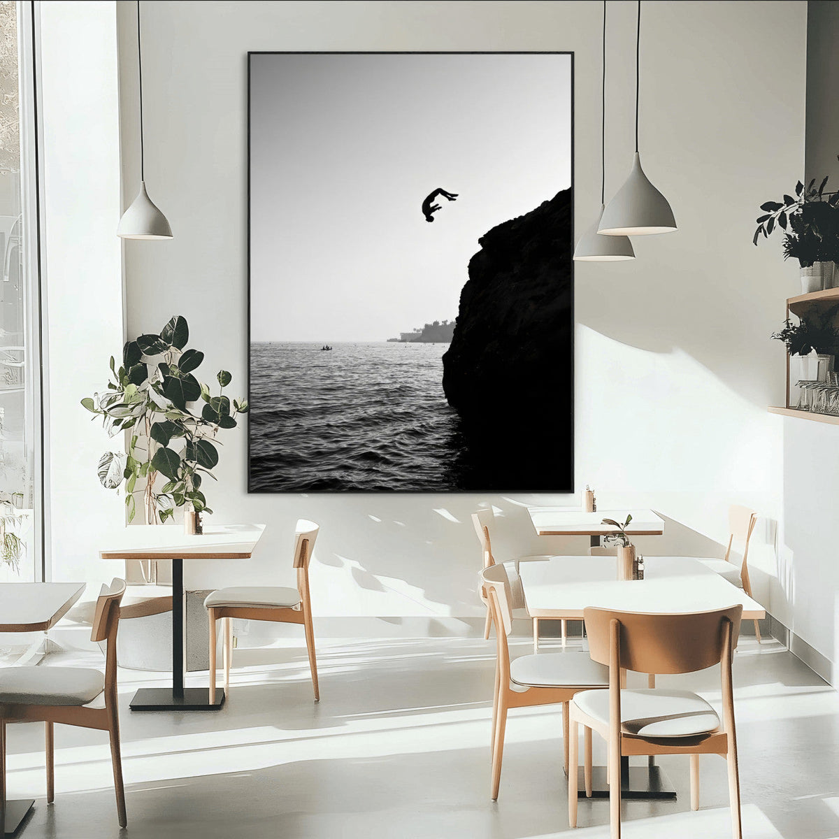 Silhouette Cliff Diver Wall Art | Framed Black White Ocean Canvas