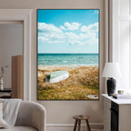 Coastal Serenity Wall Art Canvas Print, Framed Ocean View Art, Rustic Boat Nautical Coastal Decor