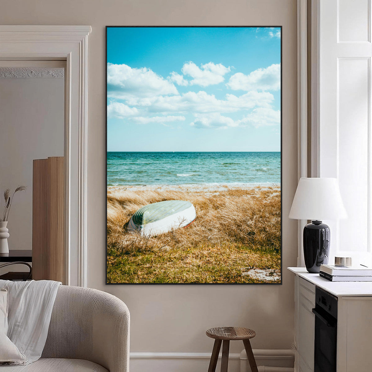 Coastal Serenity Wall Art Canvas Print, Framed Ocean View Art, Rustic Boat Nautical Coastal Decor