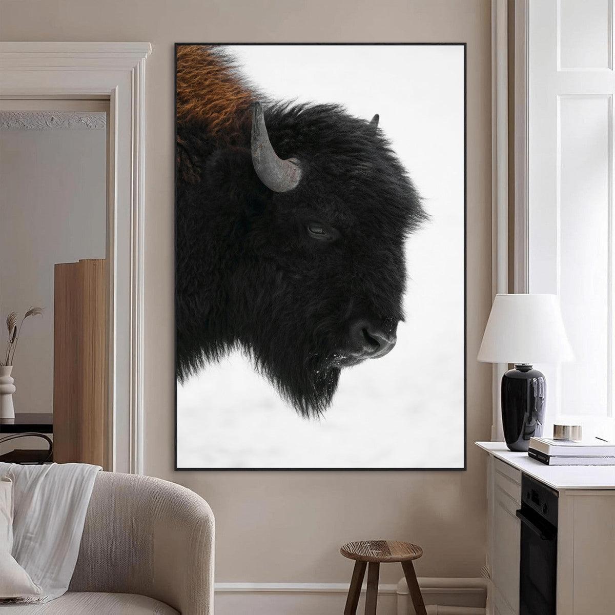 Western Rustic Wall Art Canvas Print, Framed Black and White Buffalo Photography, Wildlife Country Decor