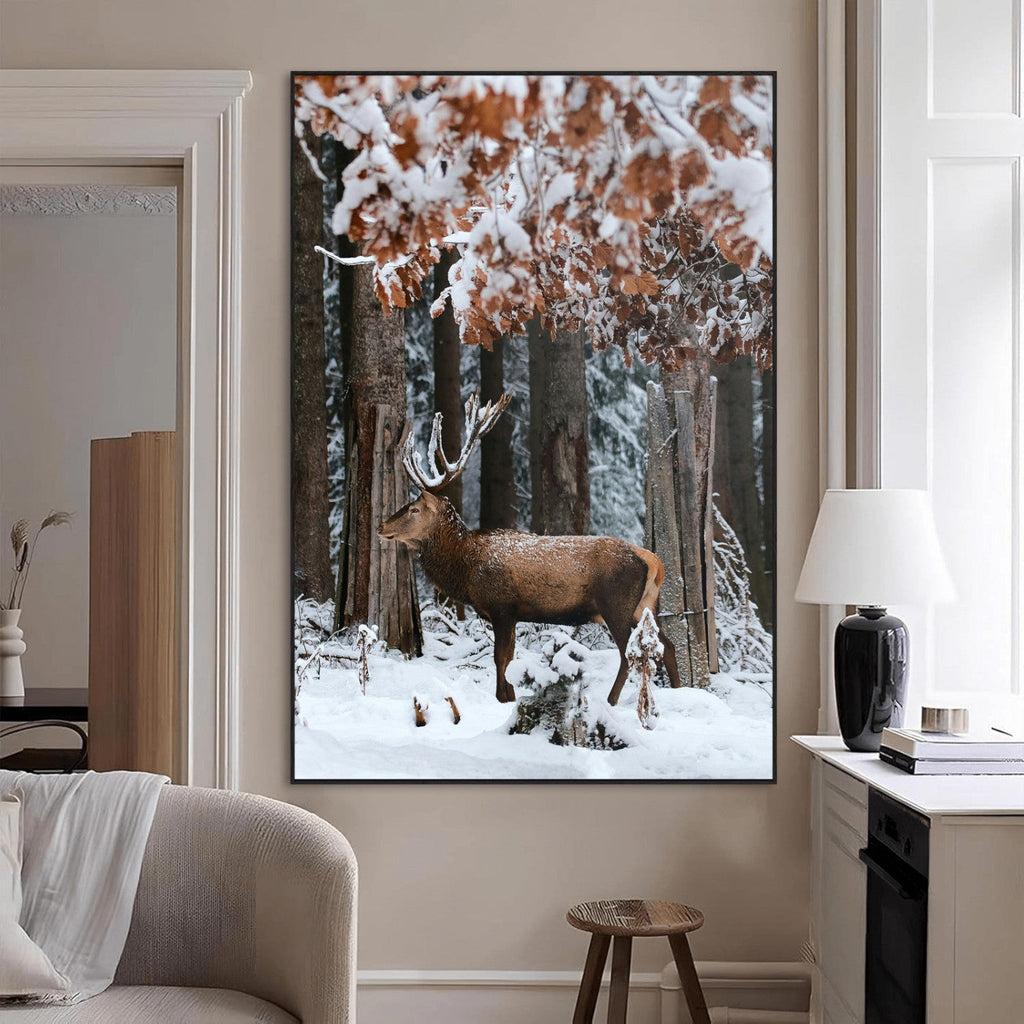 Serene Landscape Wall Art Canvas Print, Framed Winter Wonderland Deer Art, Rustic Cabin Decor