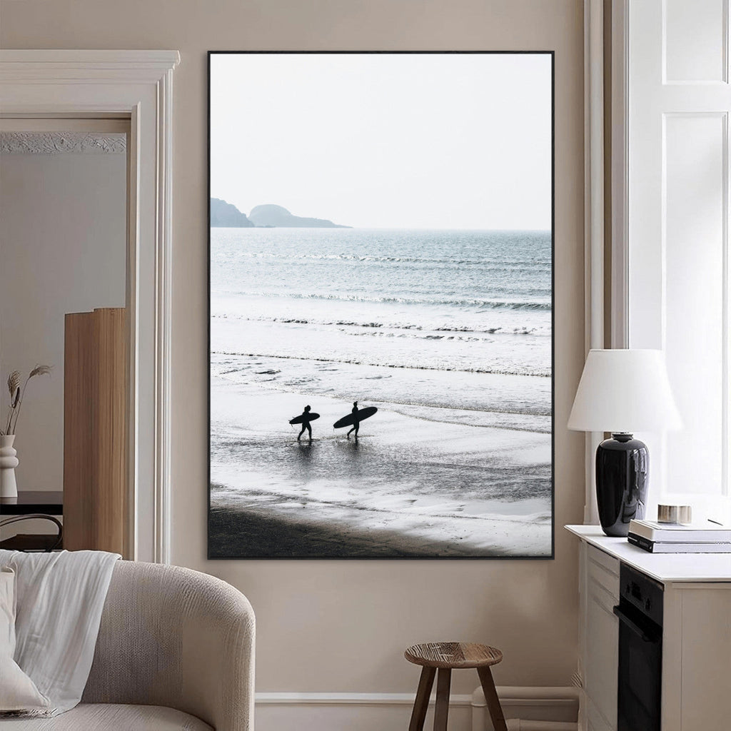 Surfer Silhouettes Wall Art Canvas Print, Framed Minimalist Ocean Art, Soft Horizon Coastal Decor