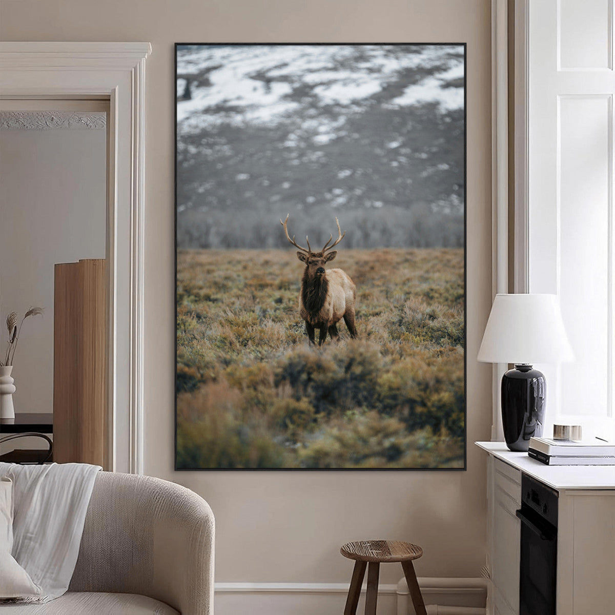 Wild Elk Wall Art Canvas Print, Framed Mountain Wilderness Majestic Animal Artwork