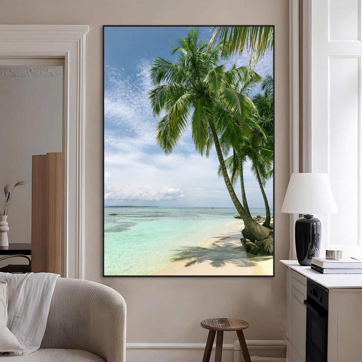 Tropical Beach Palm Trees Canvas Print, Framed Island Coastal Wall Art Ocean Horizon
