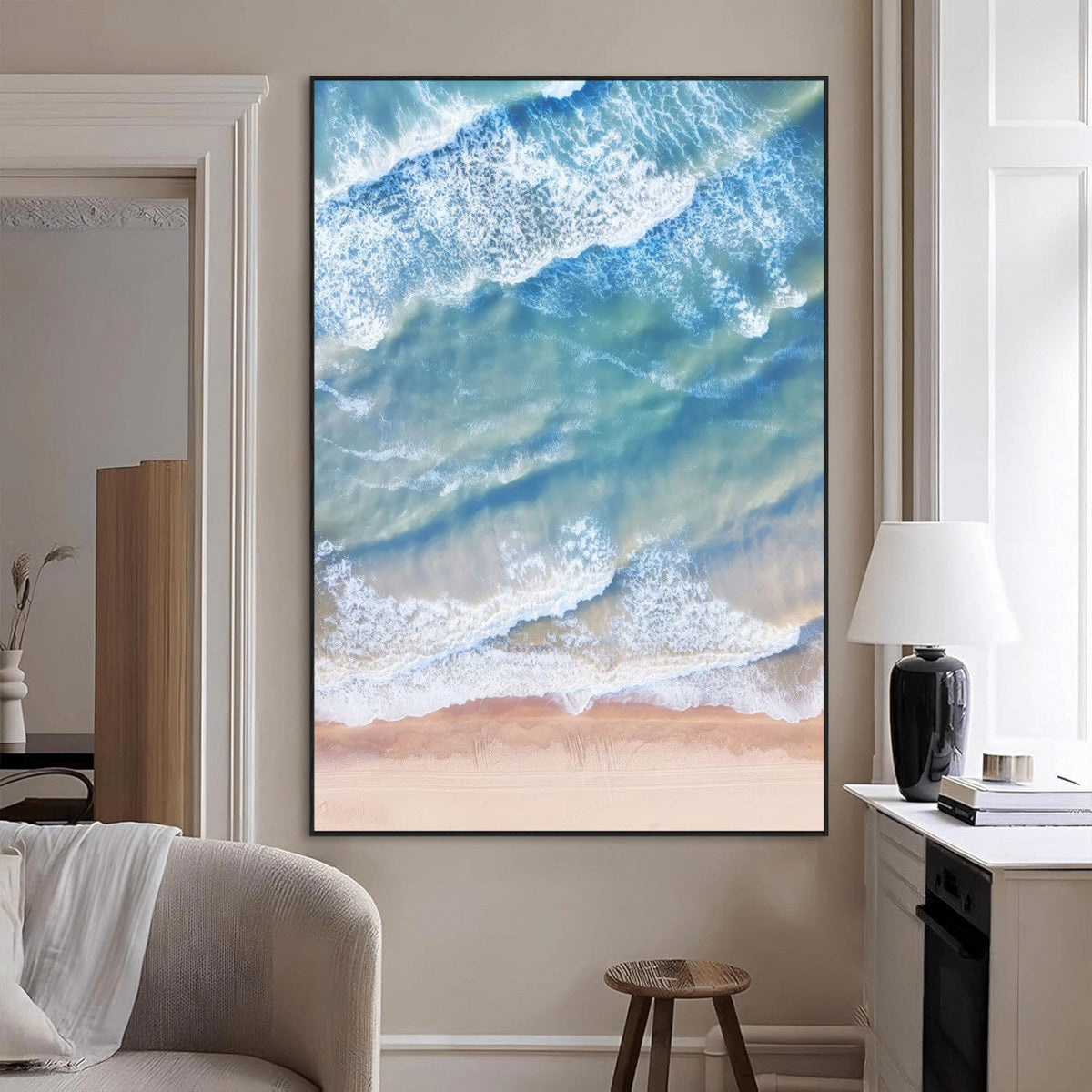 Aerial Ocean Waves Wall Art | Framed Tranquil Beach Canvas