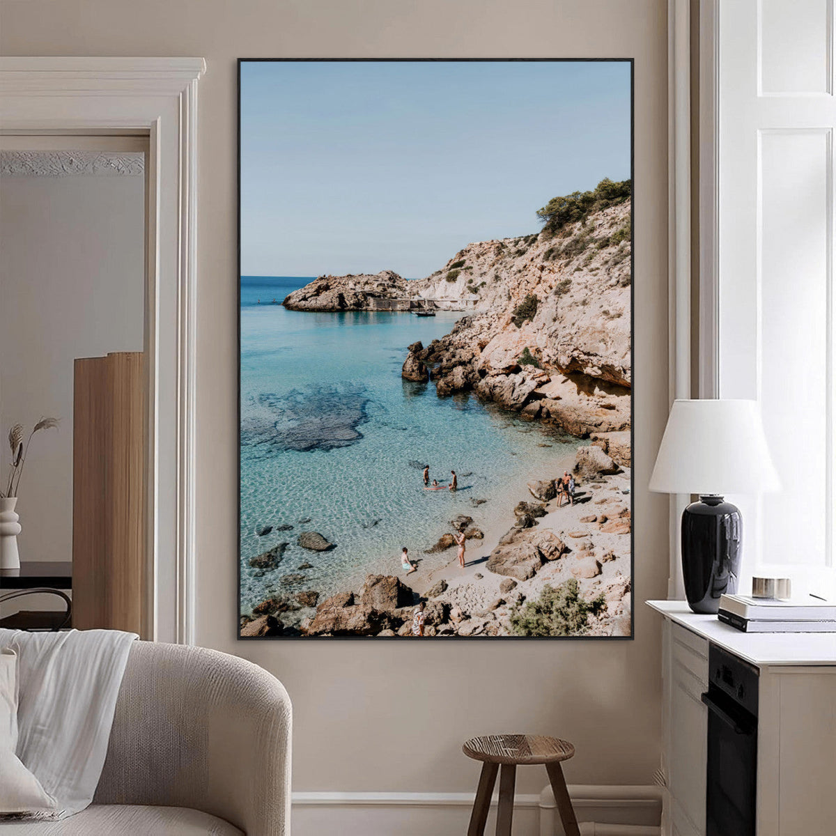 Clear Blue Water Beach Wall Art | Framed Rocky Cove Canvas