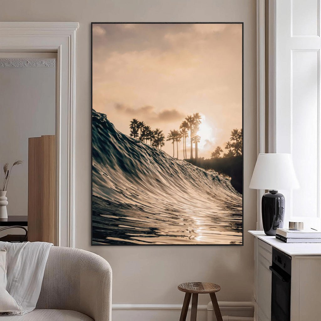 Sunset Wave Ocean Wall Art | Framed Palm Tree Canvas