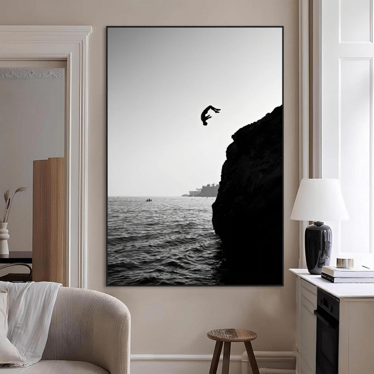 Silhouette Cliff Diver Wall Art | Framed Black White Ocean Canvas