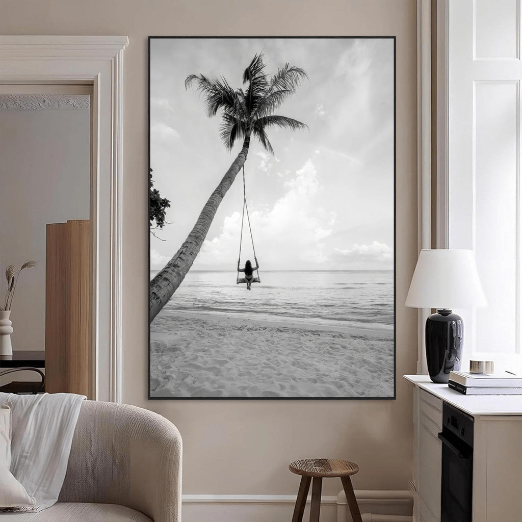 Black White Palm Tree Wall Art | Framed Ocean View Canvas
