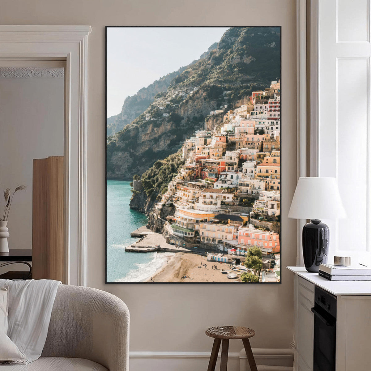Mediterranean Coastal Cliffside Town Wall Art | Vibrant Seaside Canvas Print