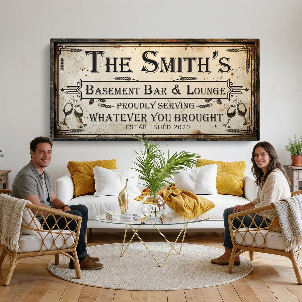 Custom Family Patio Sign Wall Art Canvas Print, Personalized Rustic Bar Sign
