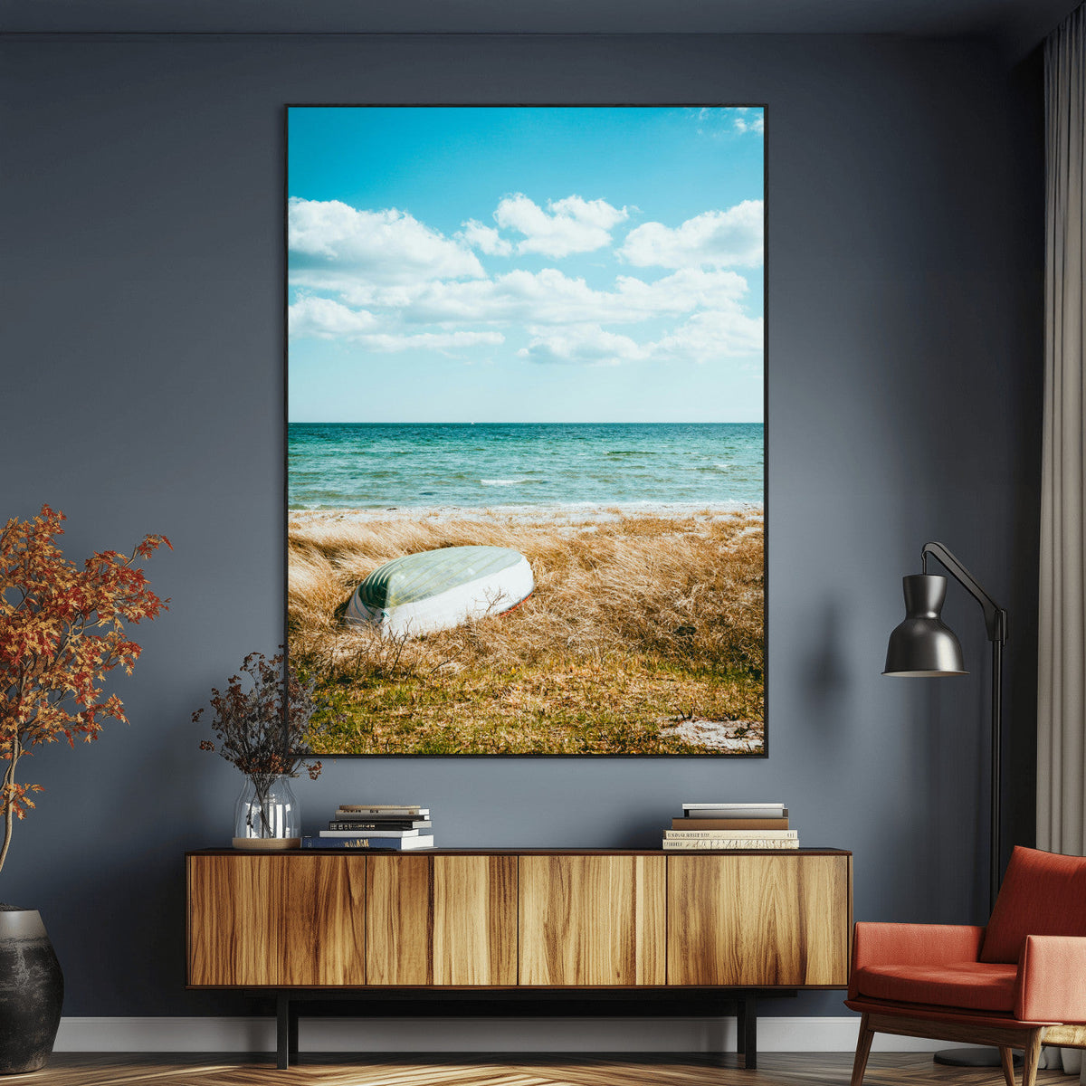 Coastal Serenity Wall Art Canvas Print, Framed Ocean View Art, Rustic Boat Nautical Coastal Decor